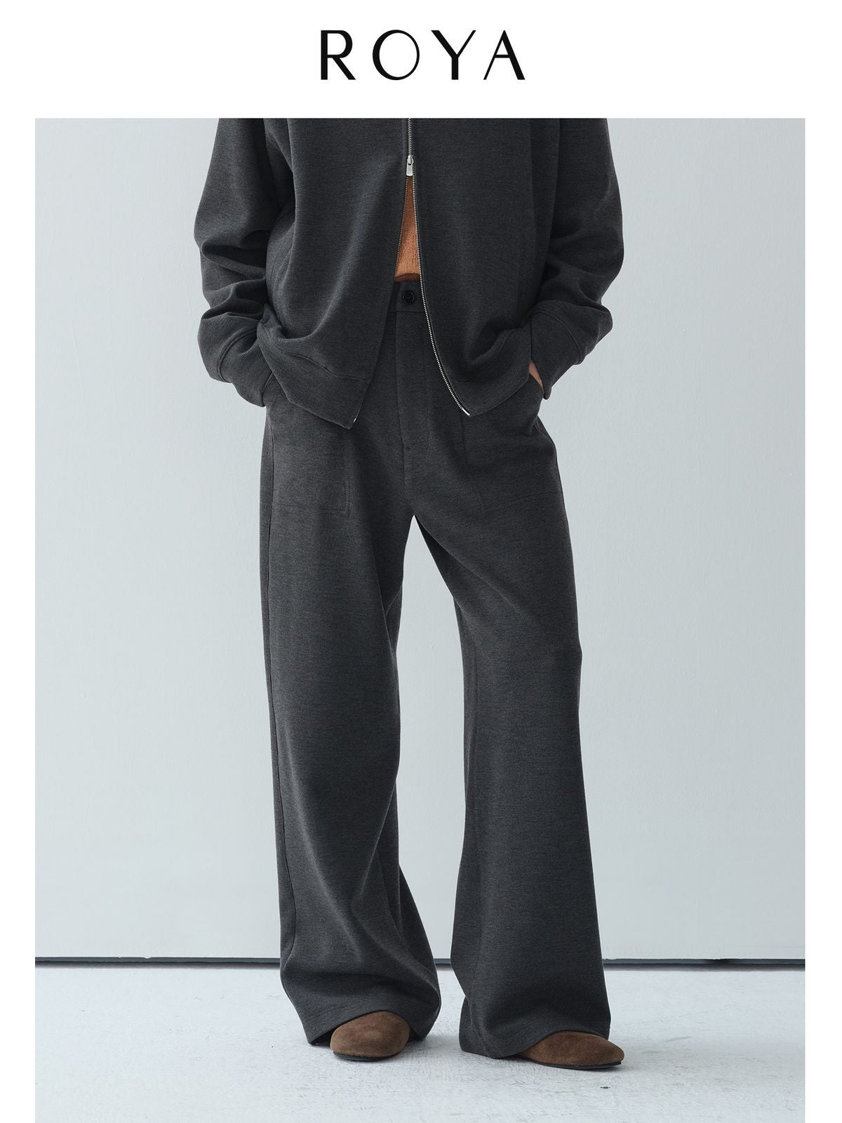 ROYA Wool Blend Semi Elastic Knit Trousers in Gray - On Female Model