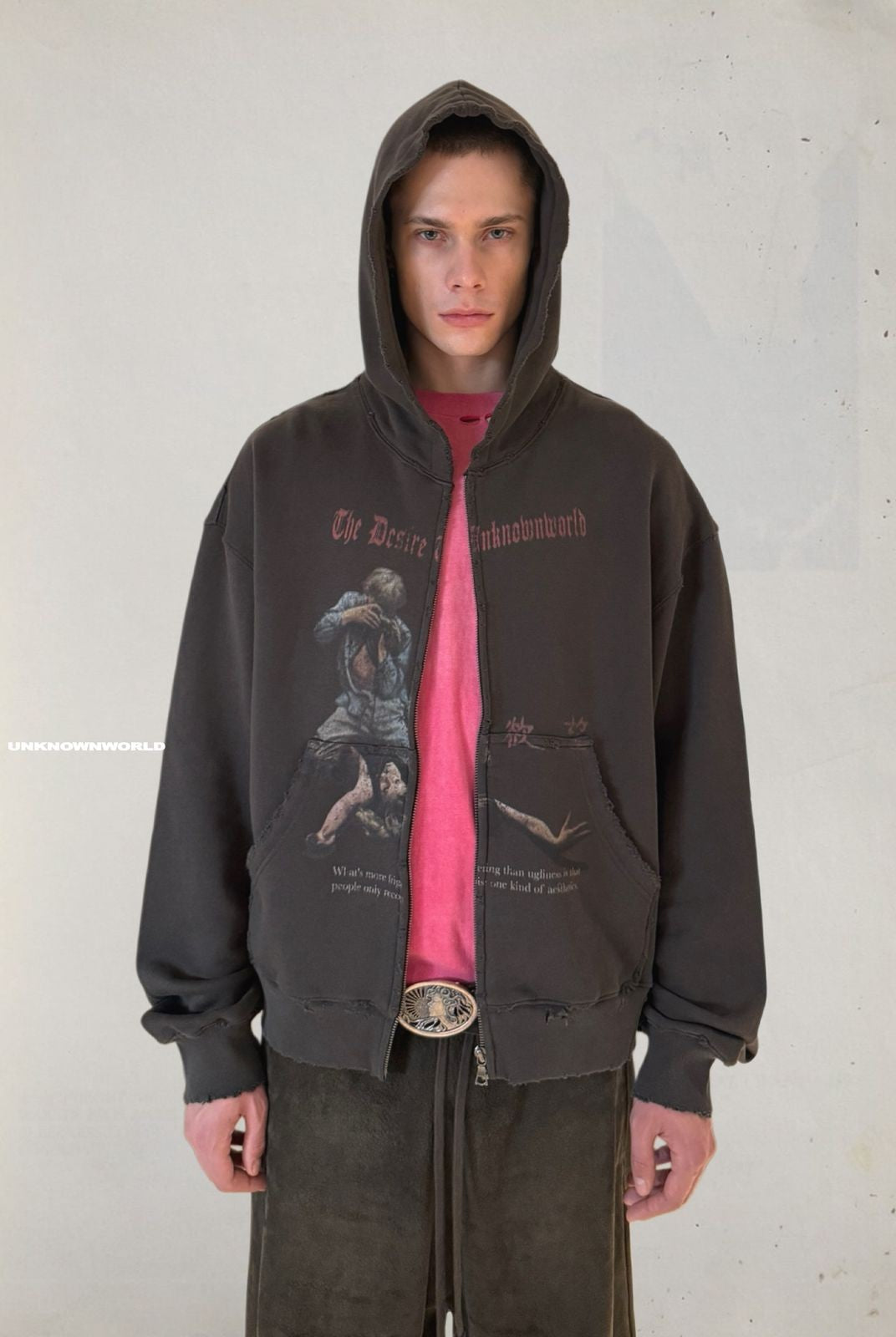 UNKNOWNWORLD Distressed Graphic Zip Up Hoodie in Gray - On Model