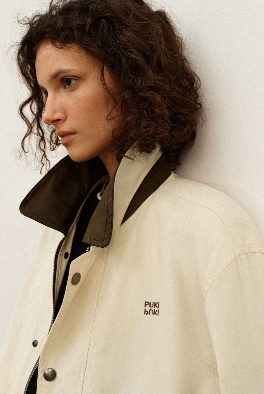 PUKI Contrast Collar Barn Jacket in Khaki - On Model