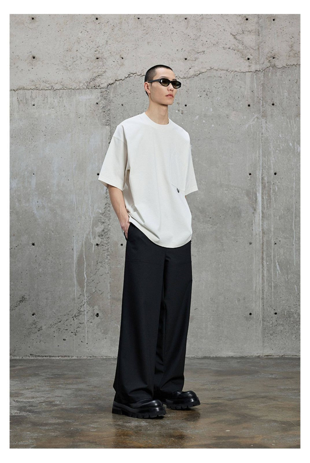 NANS Chain Textured Straight Leg Trousers in Black - On Model
