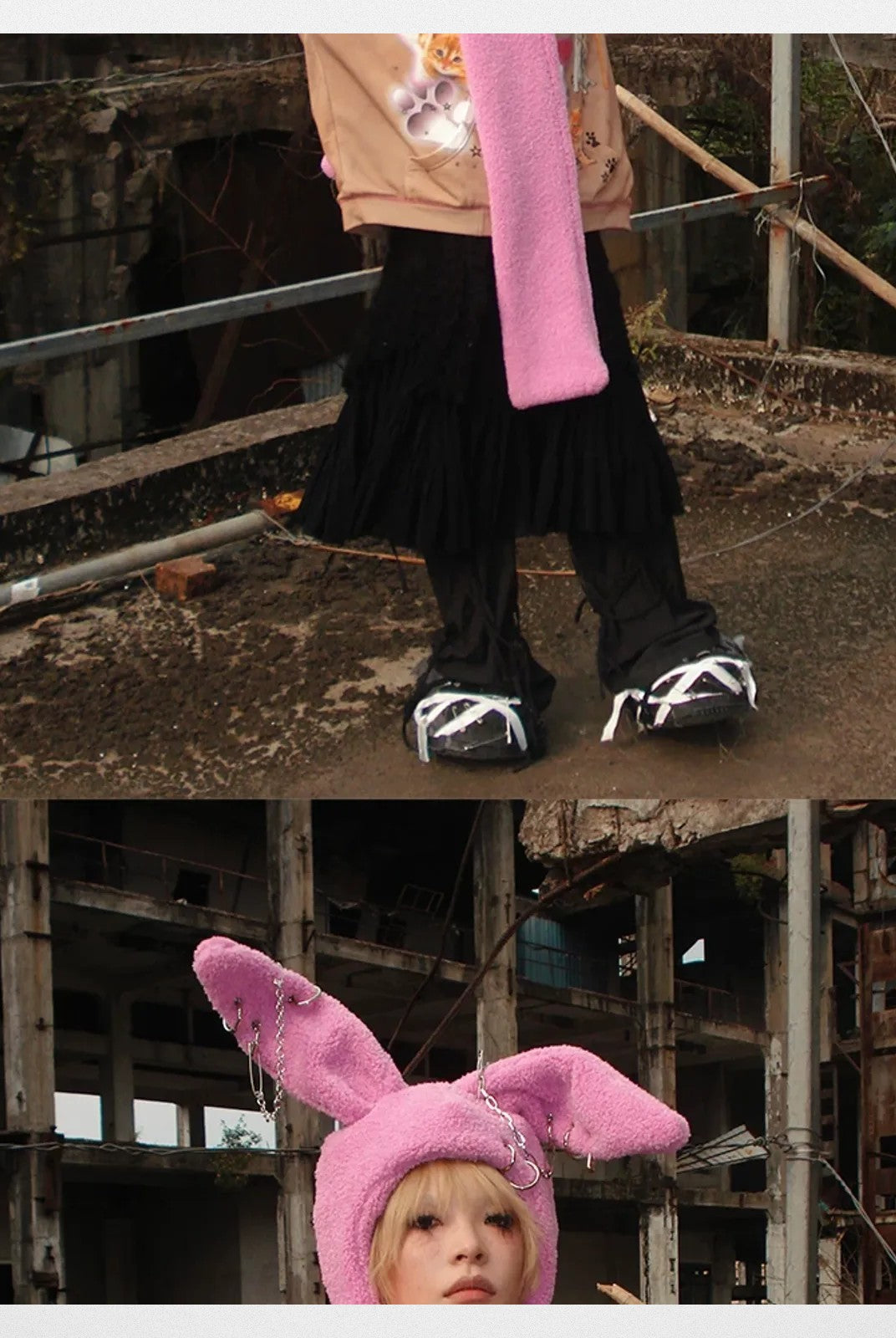 CFIERCE Plush Bunny Scarf Hat in Pink - On Model