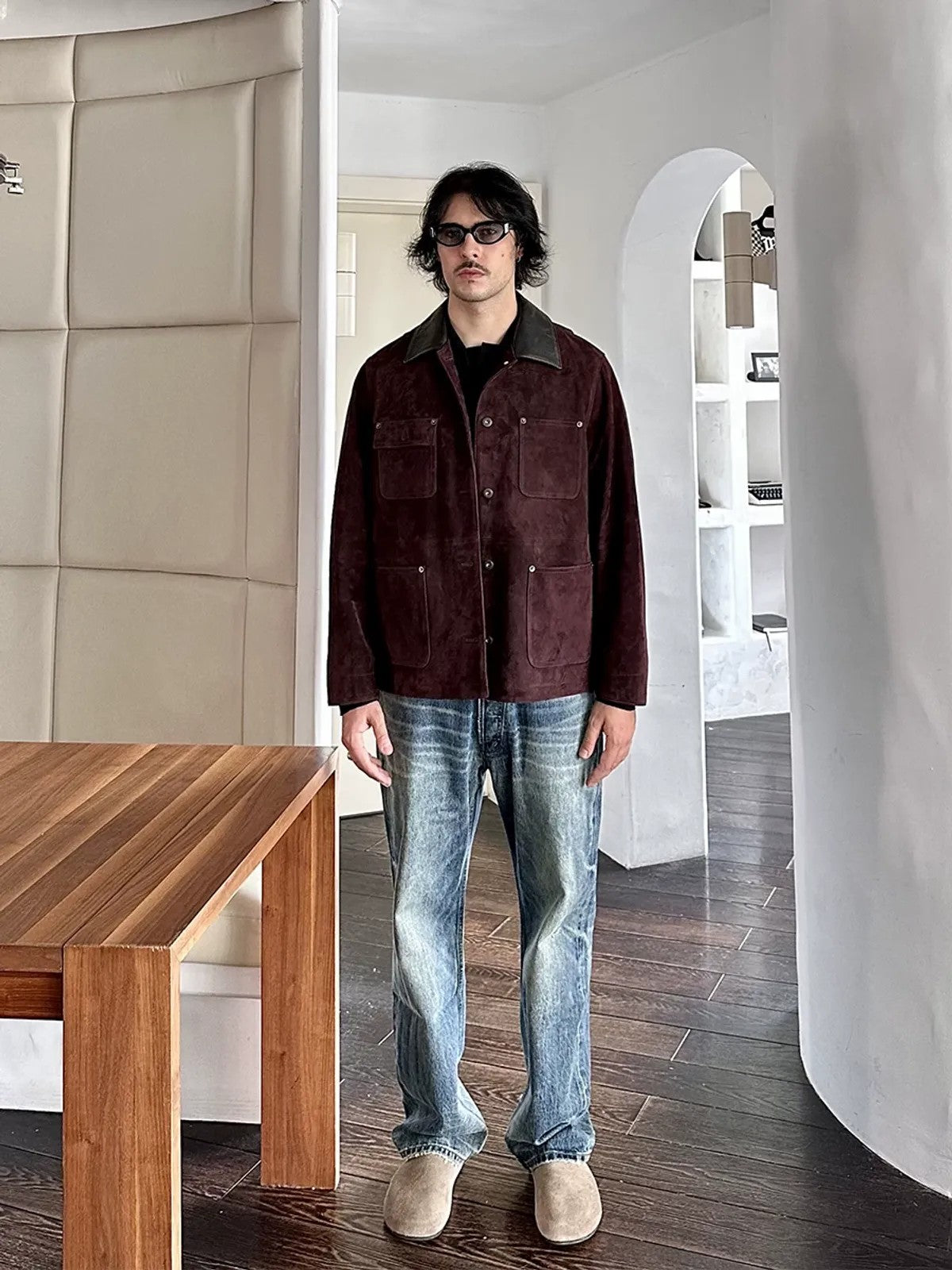 Roolrren Homme Suede Michigan Work Jacket in Burgundy - On Model