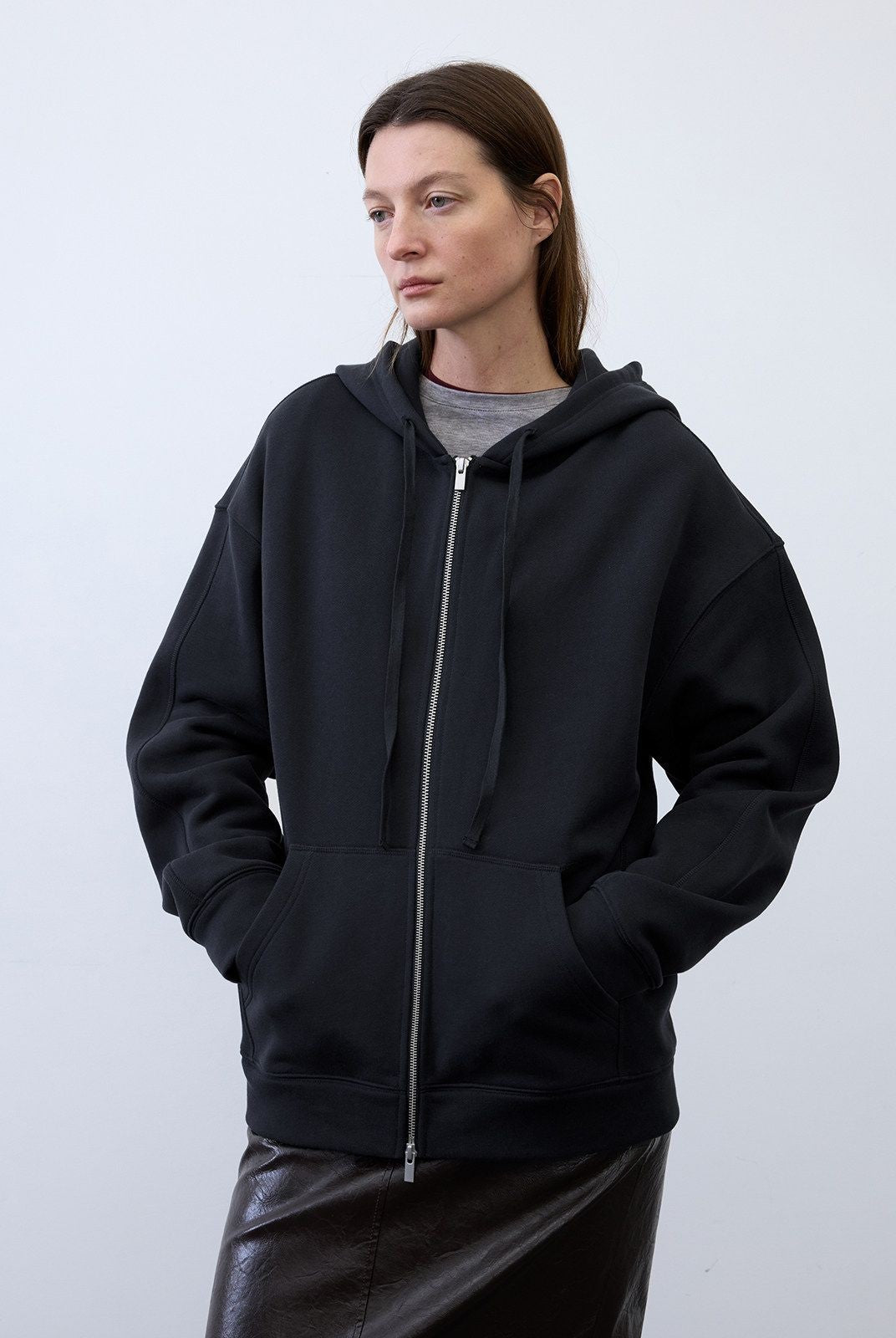 RandomPiece Cotton Lyocell Zip Up Hoodie in Black - On Model