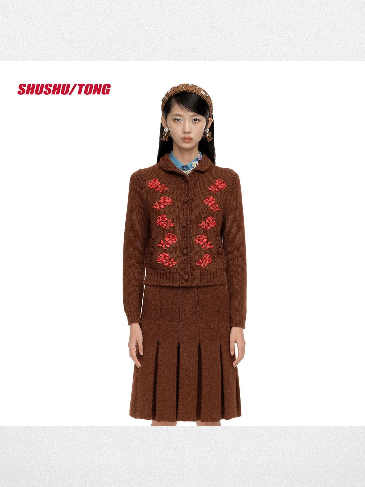 SHUSHUTONG Beaded Floral Merino Cardigan in Brown - On Model