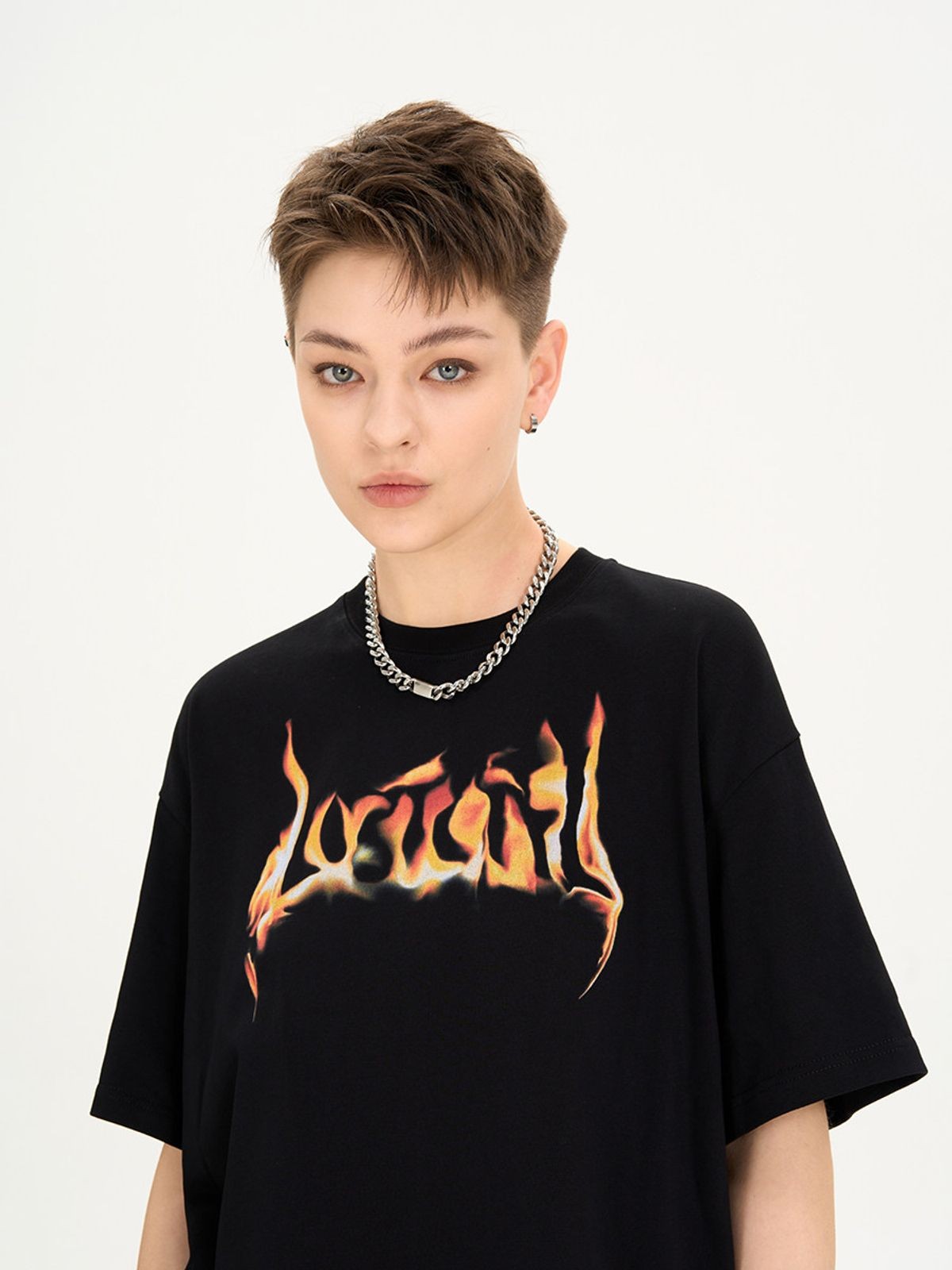 LOSTCTRL Flame Logo Heavy Cotton T Shirt in Black - On Model