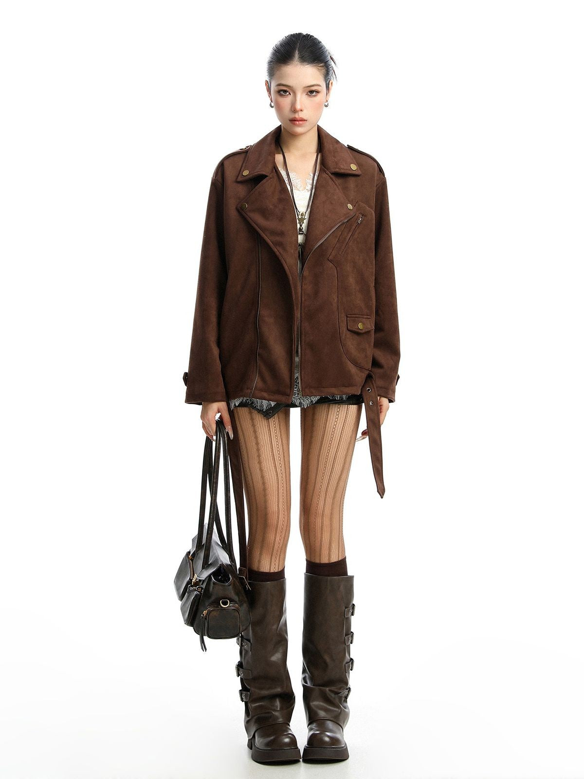 Big Gold studio Suede Moto Jacket in Brown - On Model