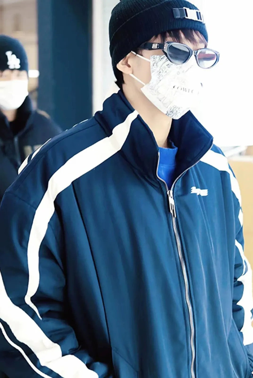 BLINDNOPLAN Color Block Padded Track Jacket in Navy Blue - On Model