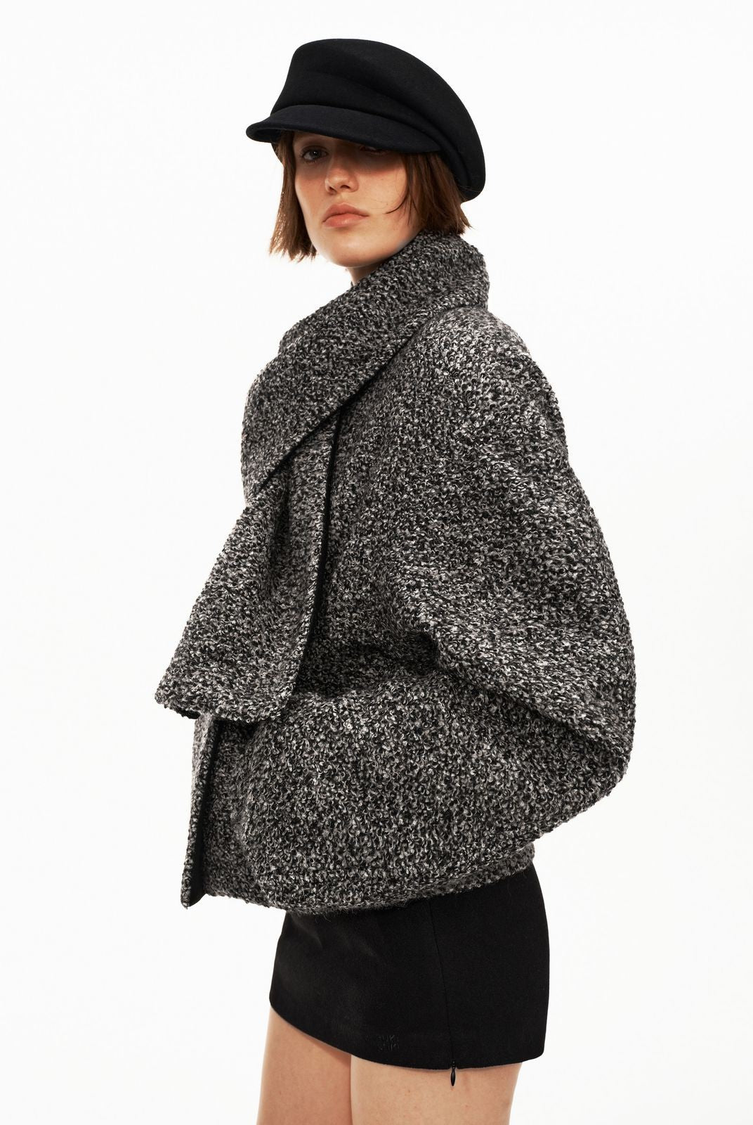 PUKI Snowflake Tweed Scarf Collar Jacket in Black - On Model