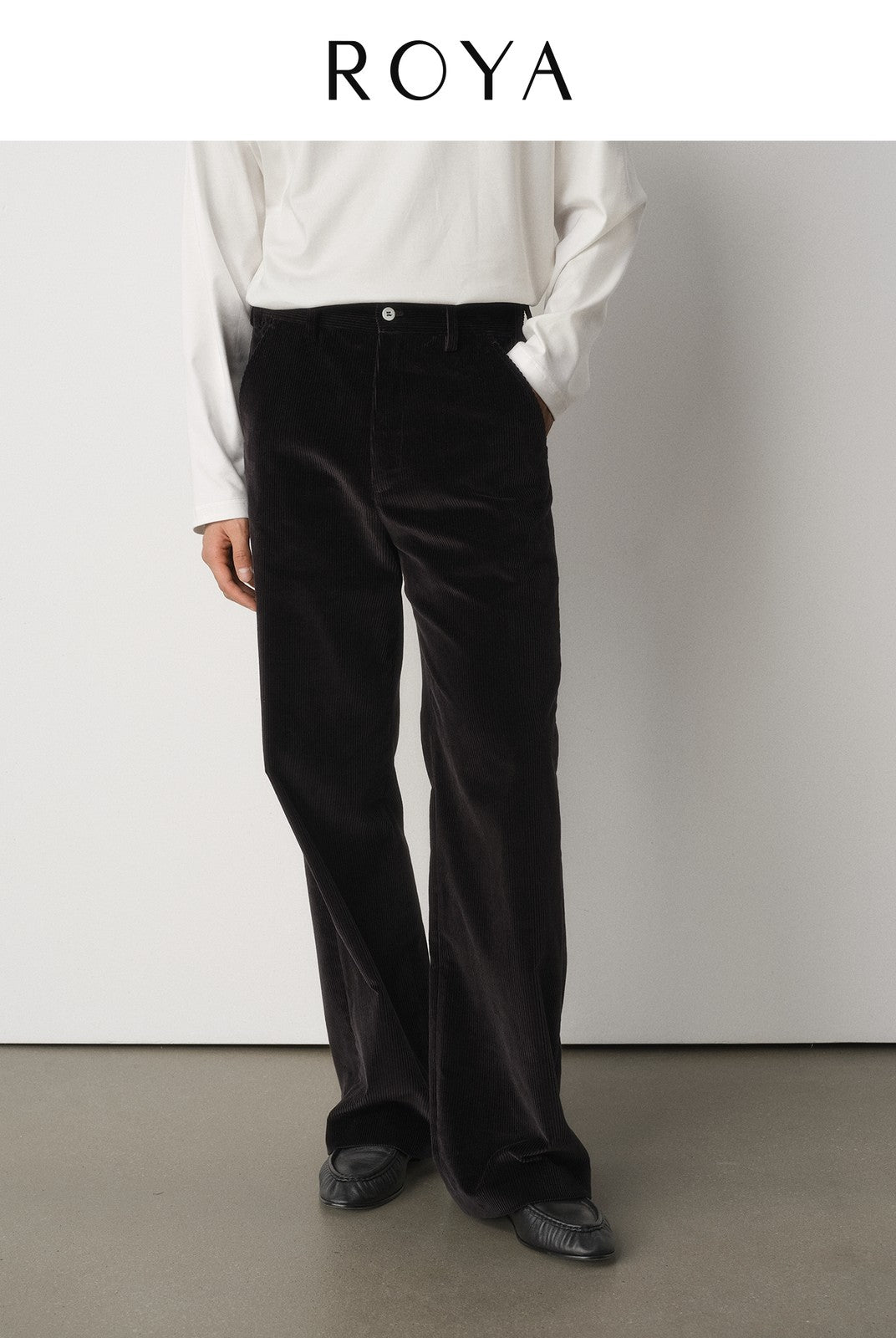 ROYA Supima Cotton Corduroy Trousers in Black - On Model
