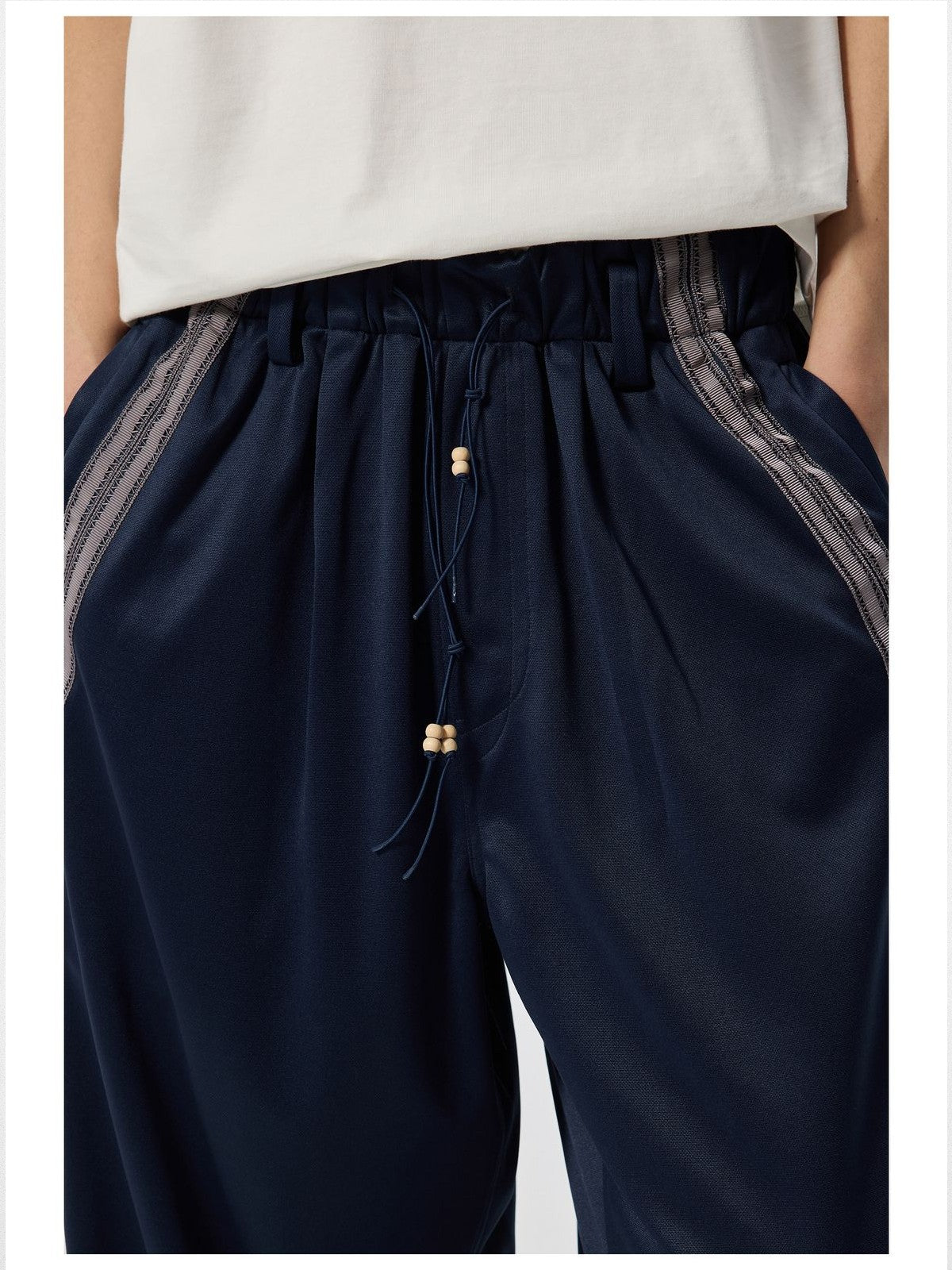 Simple Project Wide Leg Webbing Track Pants in Navy Blue - On Model