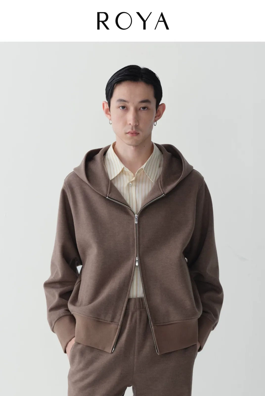 ROYA Merino Wool Blend Zip Up Hoodie in Oatmeal - On Model