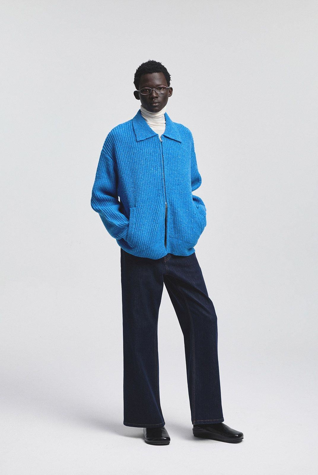 NANS Speckled Wool Blend Zip Cardigan in Blue - On Model