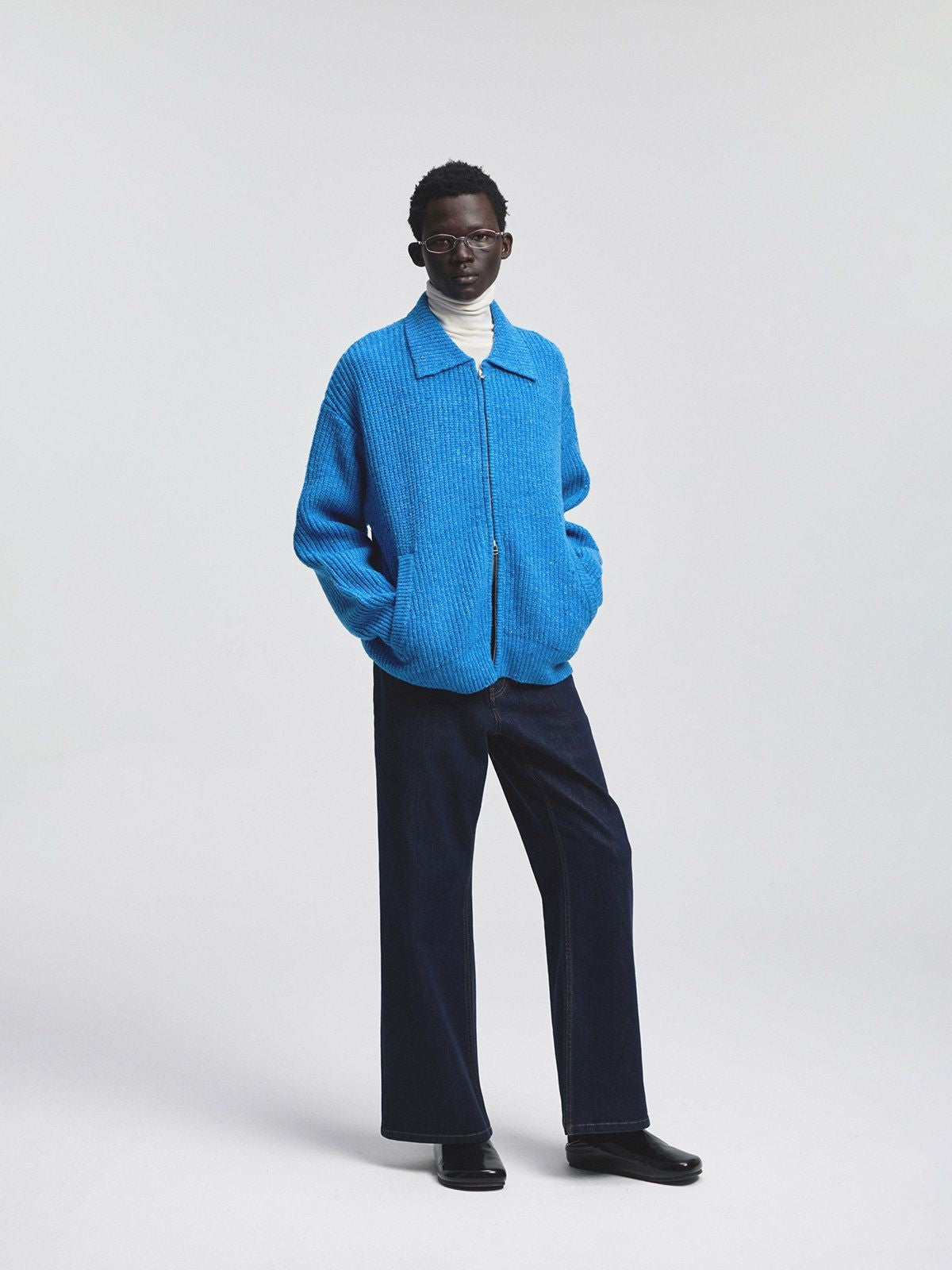 NANS Speckled Wool Blend Zip Cardigan in Blue - On Model