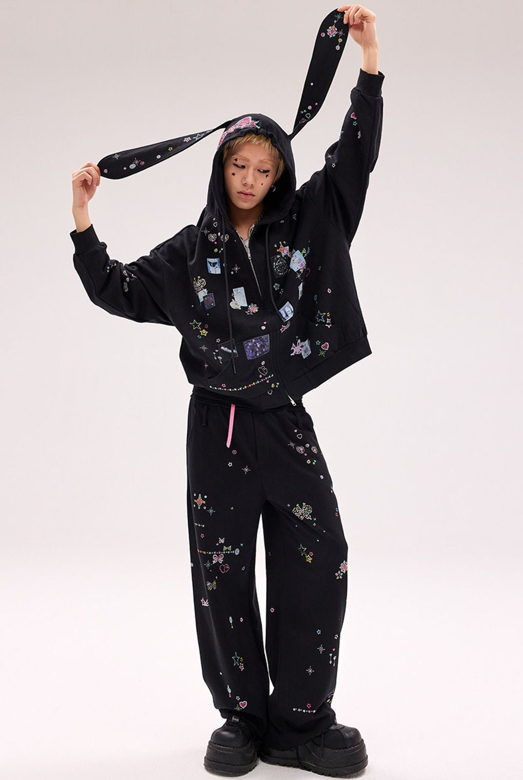 CFIERCE Bunny Ear Rhinestone Zip Hoodie in Black - On Model