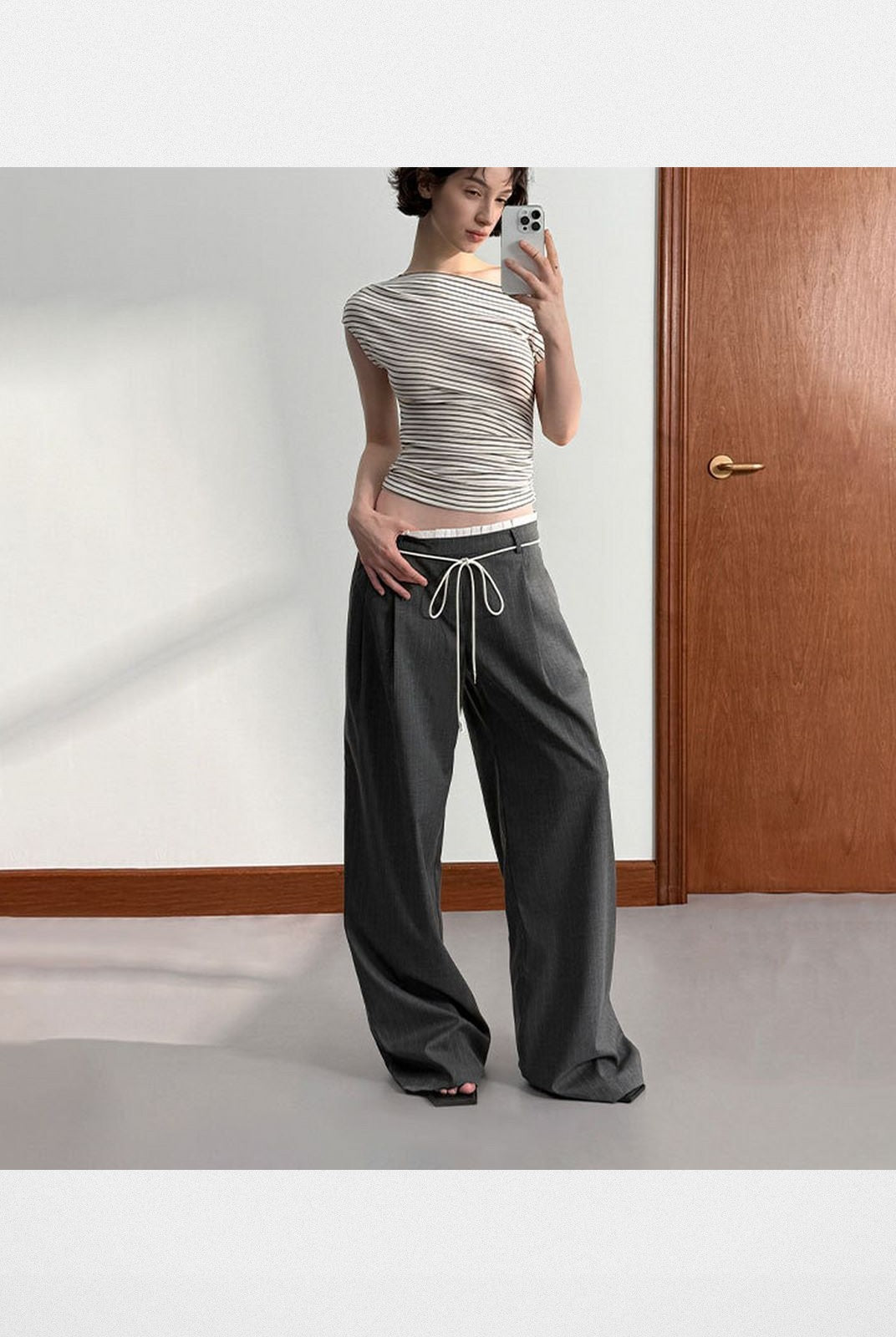 PUKI Double Waistband Suit Pants in Gray - On Model