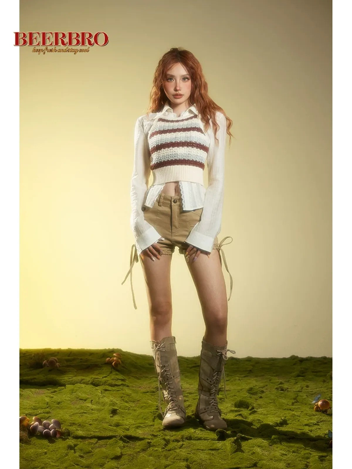 BeerBro Striped Open Knit Halter Top in Cream - Lifestyle