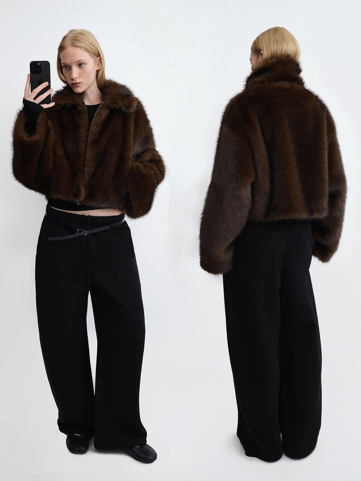 RARELY ALIKE Short Faux Fur Zip Jacket in Brown - On Model