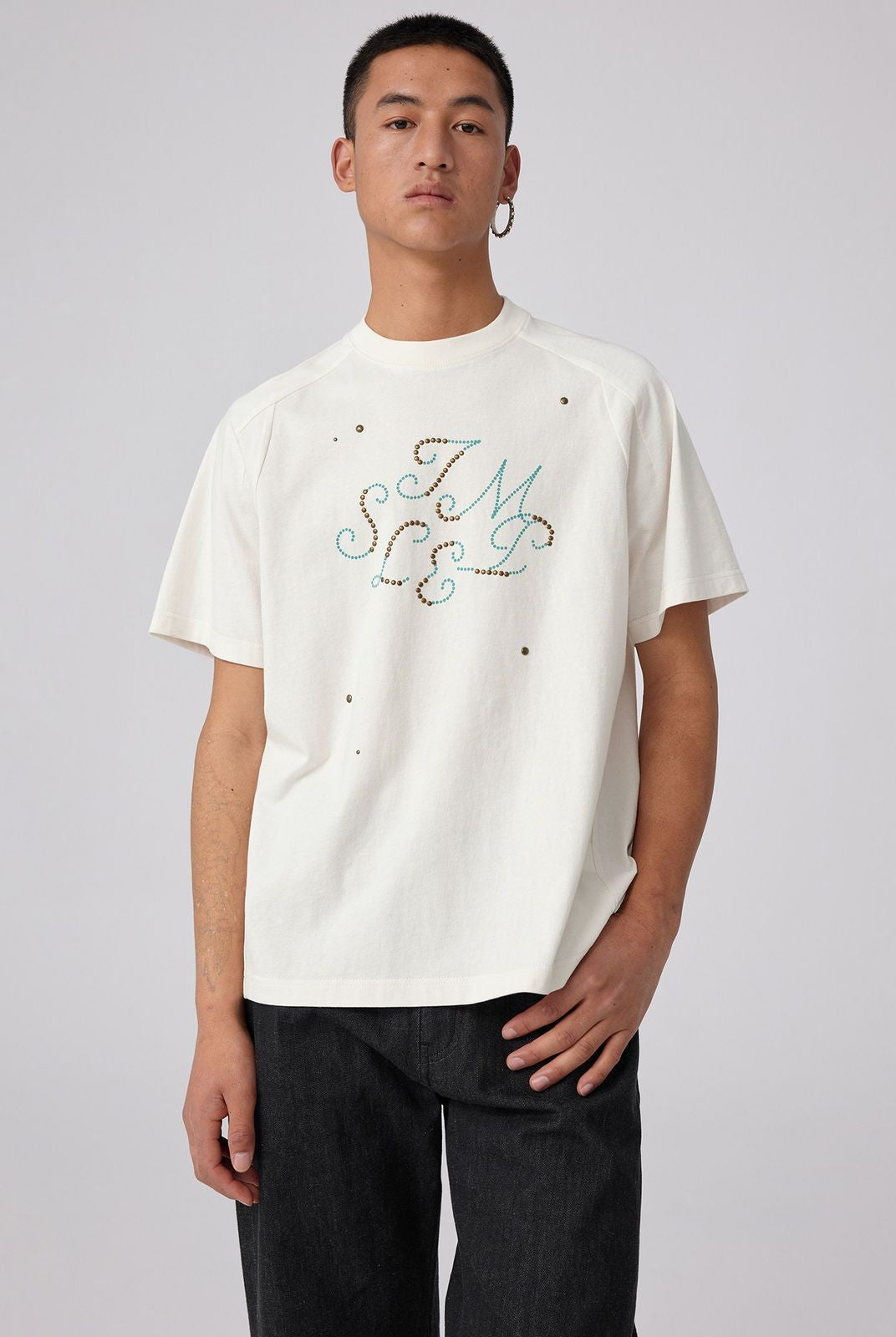 Simple Project Studded Script Logo T Shirt in White - On Male Model