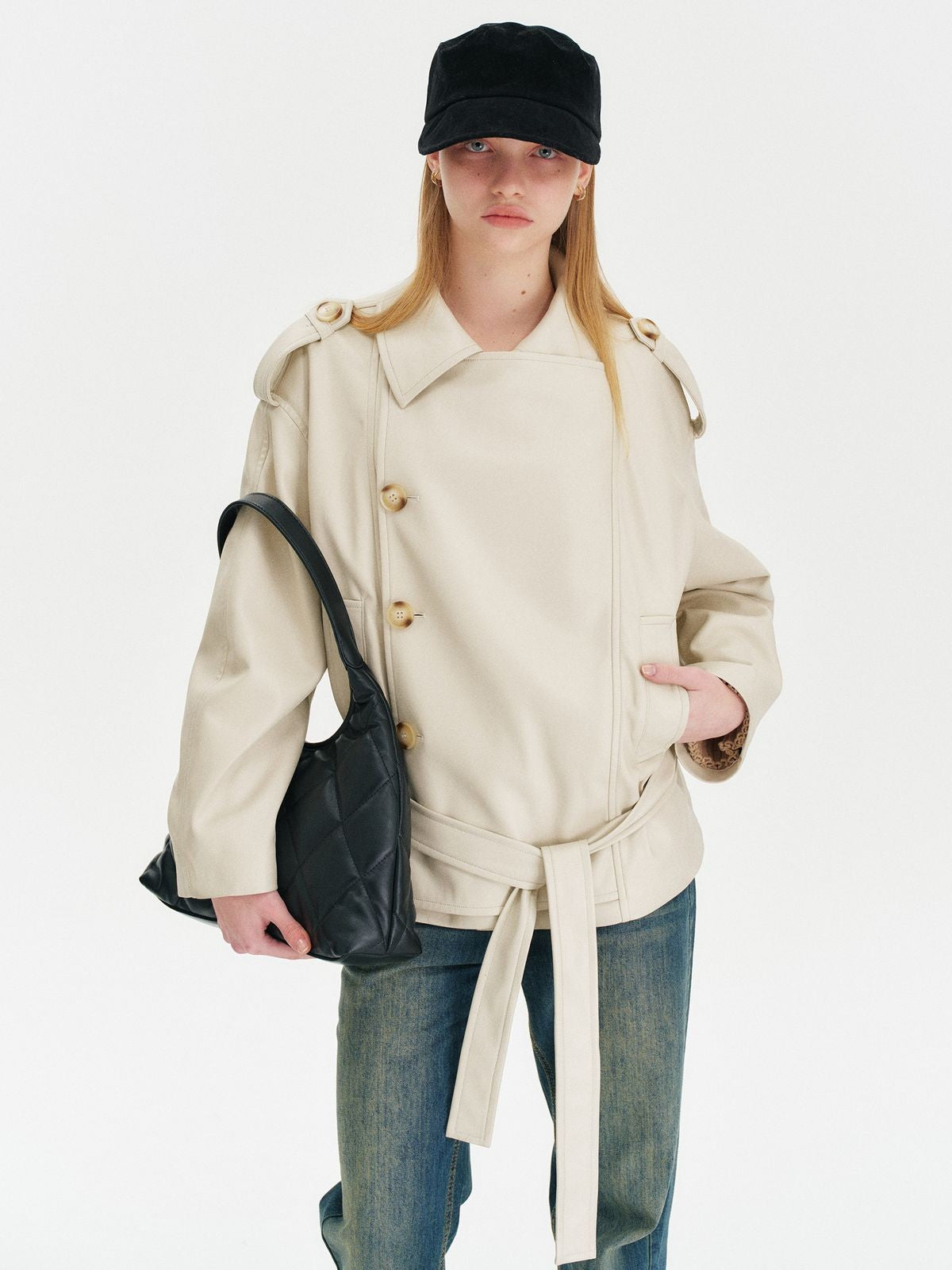 Amee Belted Matte PU Trench Jacket in Cream - On Model