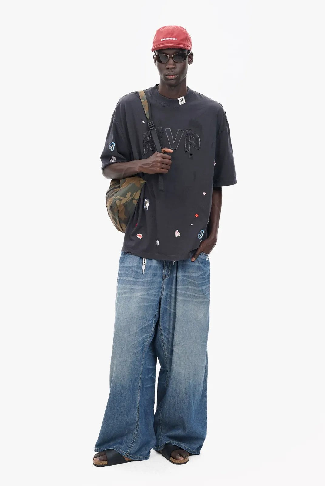 MASONPRINCE Distressed MVP Graphic T Shirt in Black - On Model