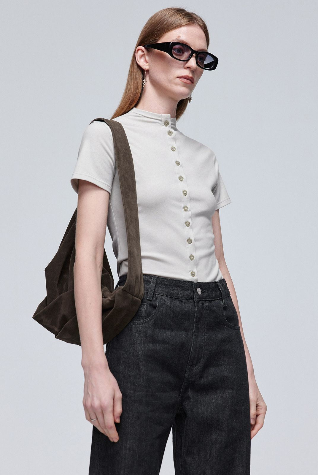 Simple Project Tencel Wool Button Front Tee in Gray - On Model