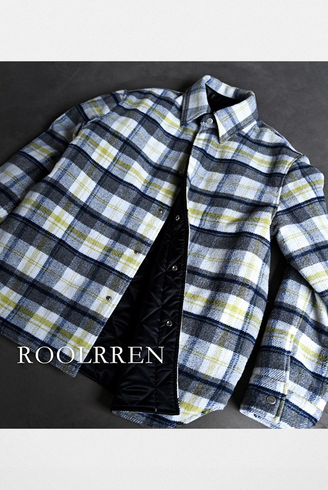 Roolrren Homme Padded Wool Plaid Shirt Jacket in Gray