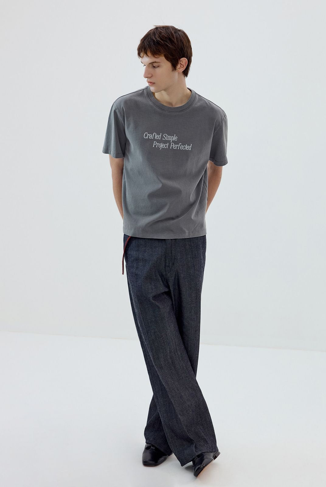 Simple Project Garment Dyed Slogan T Shirt in Gray - On Male Model