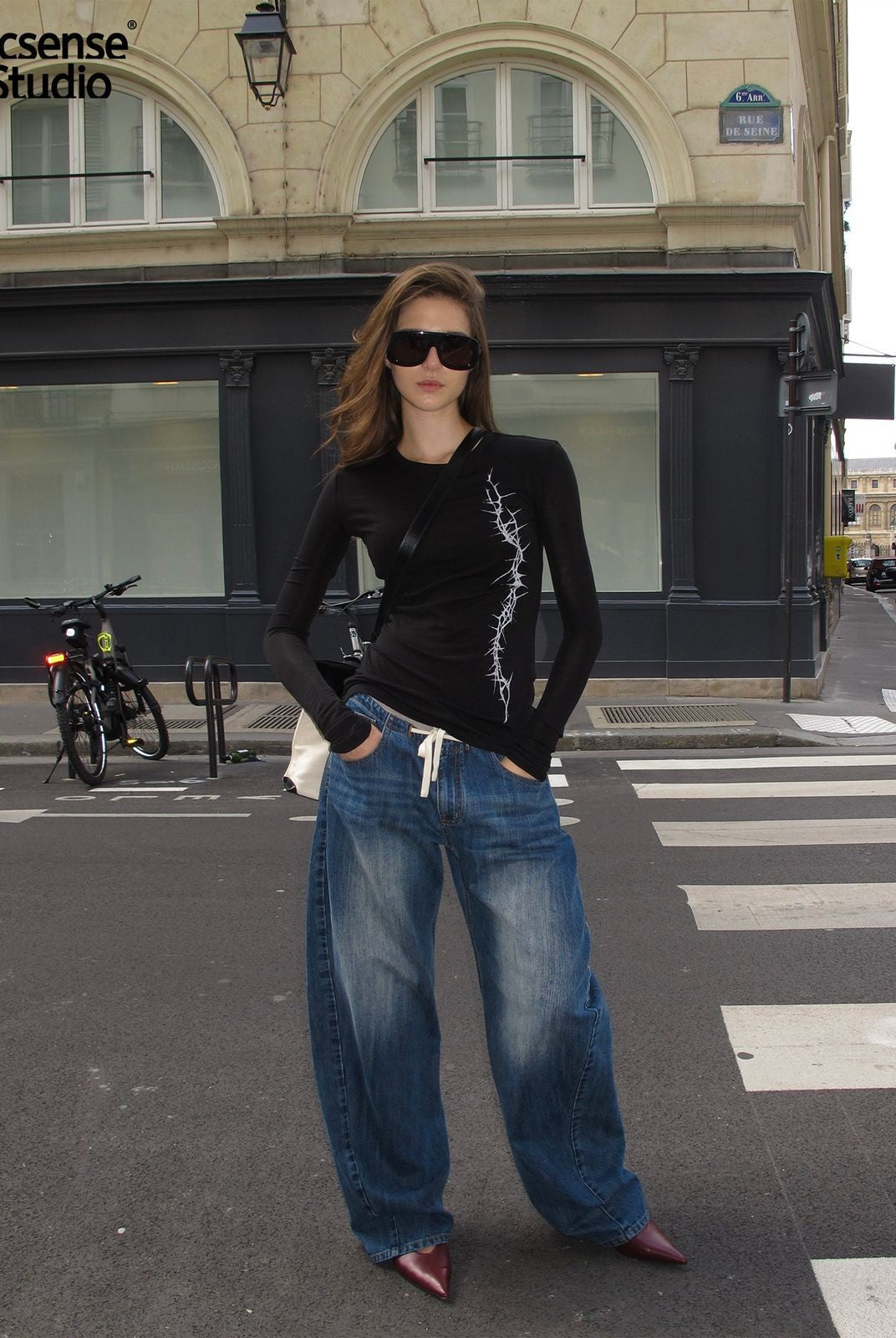 ACSENSE STUDIO Relaxed Drawstring Curved Leg Jeans in Denim - On Model