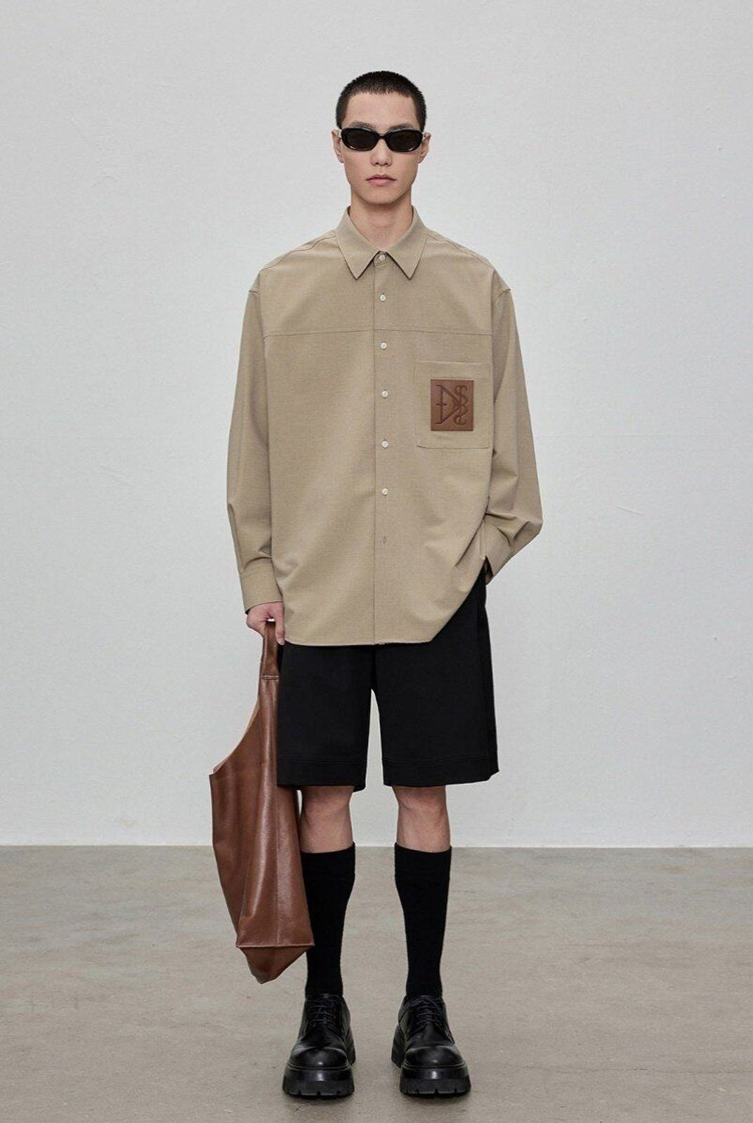 NANS Oversized Shirt with Leather Patch in Beige - On Male Model