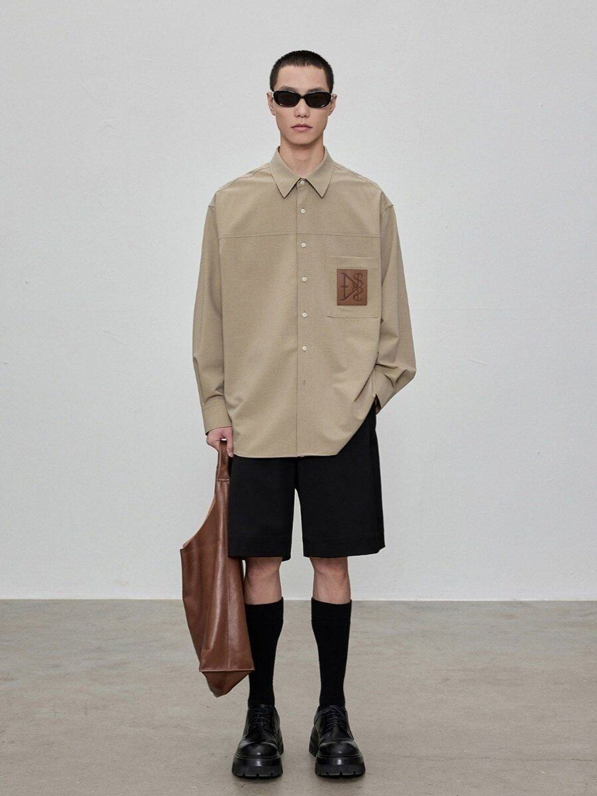 NANS Oversized Shirt with Leather Patch in Beige - On Male Model