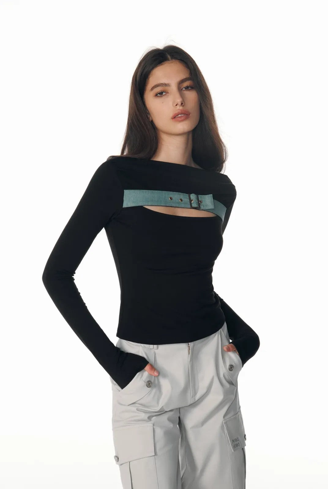 PUKI Buckled Denim Off Shoulder Top in Black - On Model