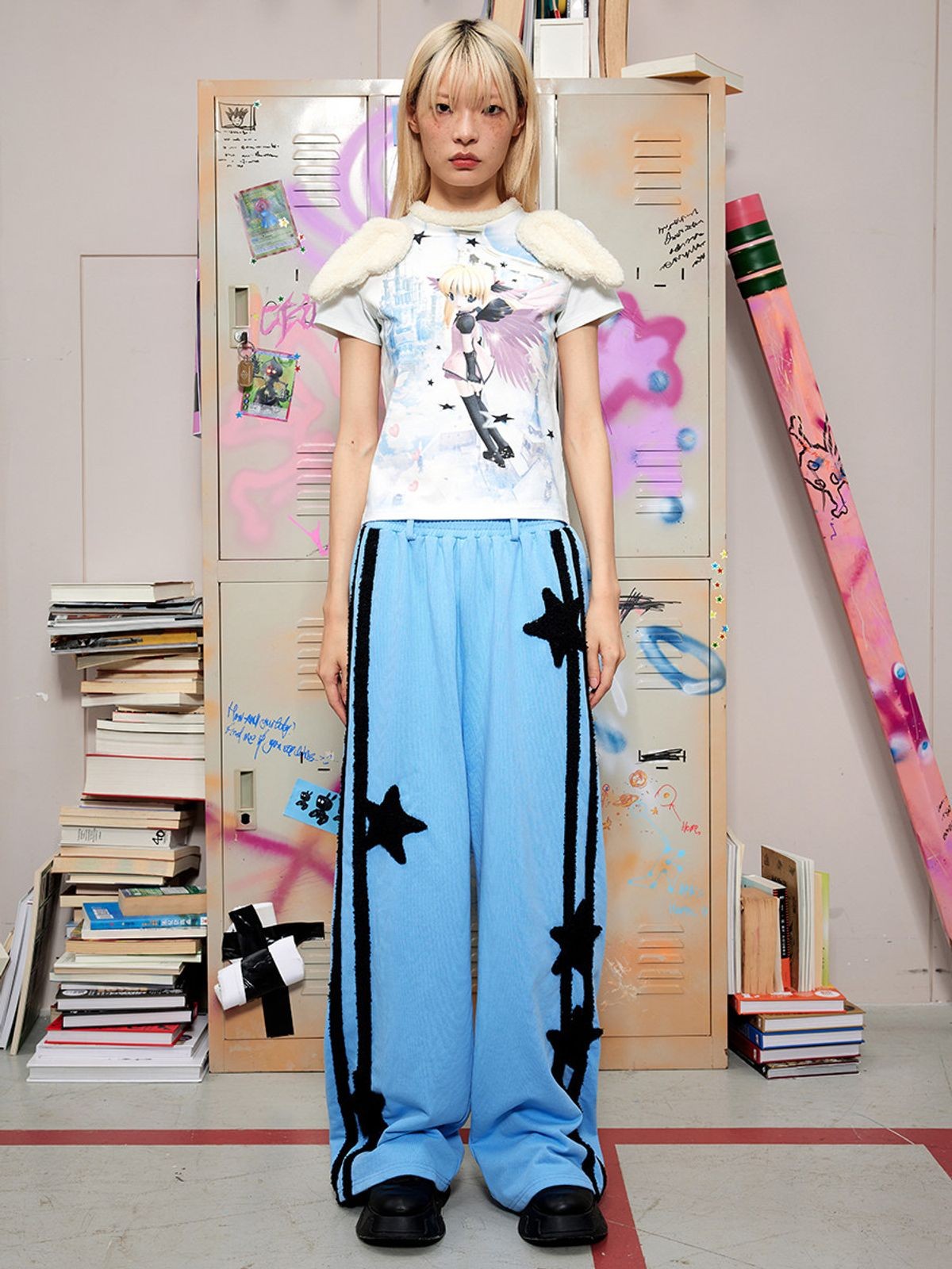 CFIERCE Angel Print Plush Wing T Shirt in White - On Model