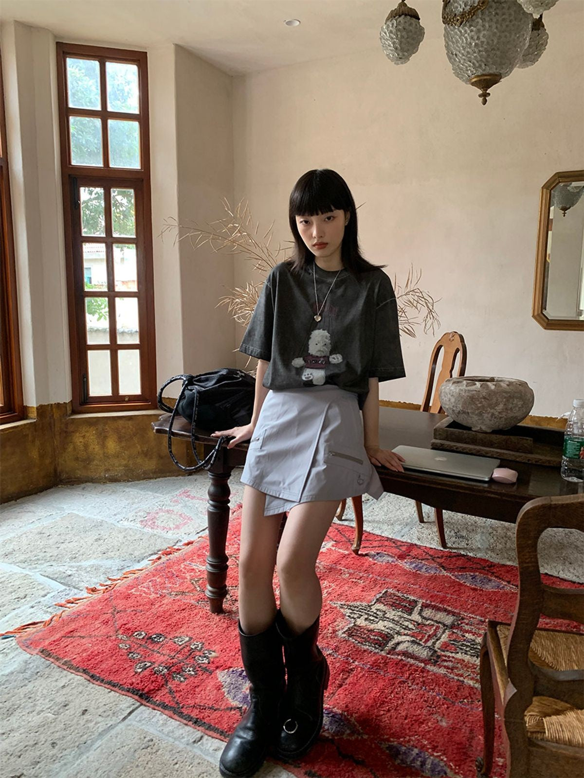 NeverSeez Garment Dyed Puppet Print Tee in Gray - On Female Model