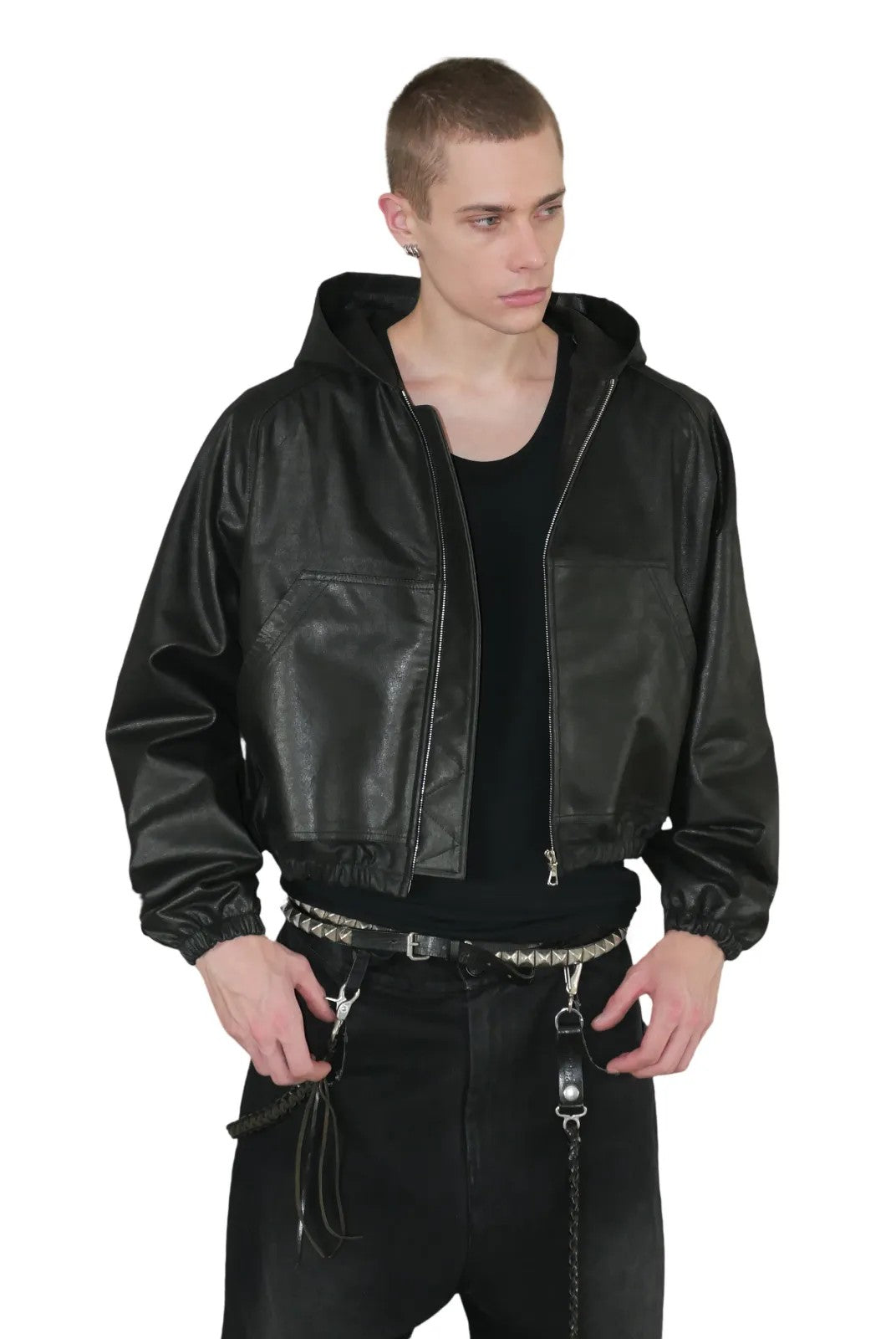 UNKNOWNWORLD Matte Distressed Cowhide Hooded Bomber in Black - On Model