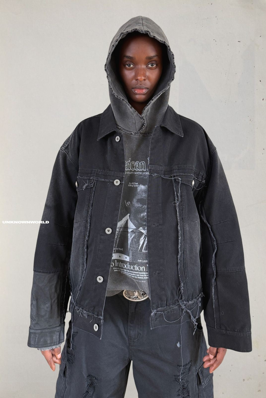 UNKNOWNWORLD Deconstructed Denim Horsehide Jacket in Black - On Model