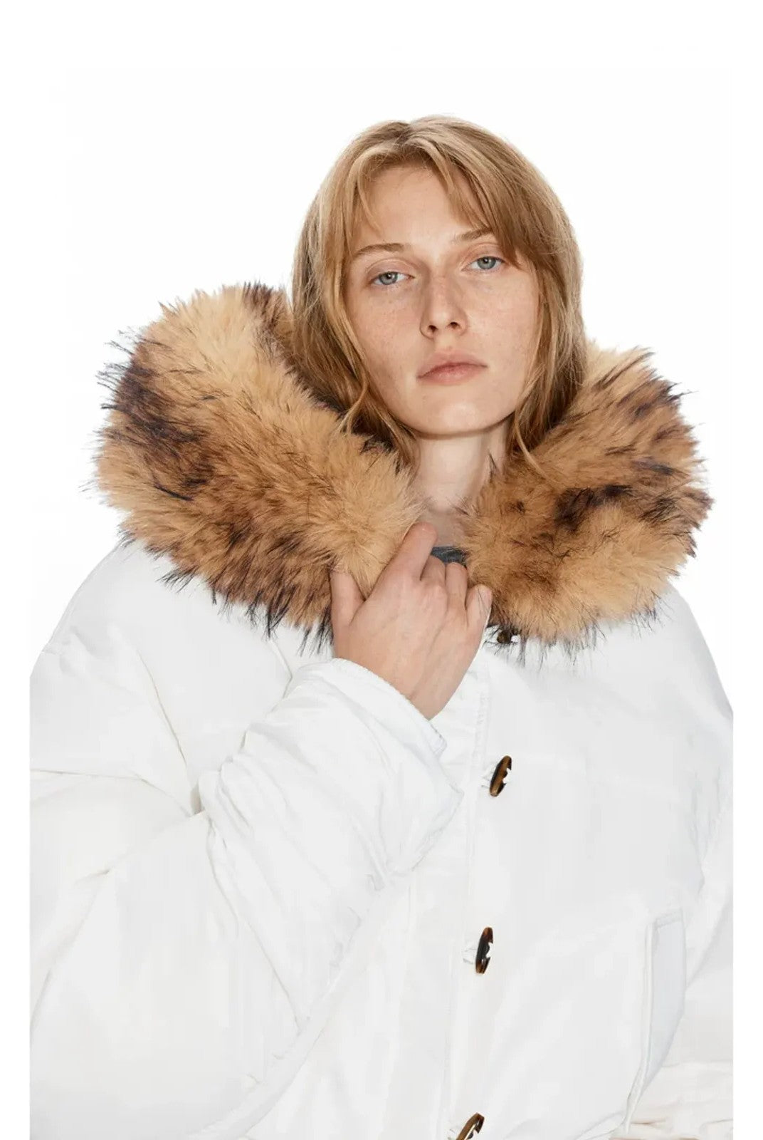 PUKI Faux Fur Hood Down Bomber in White - On Model
