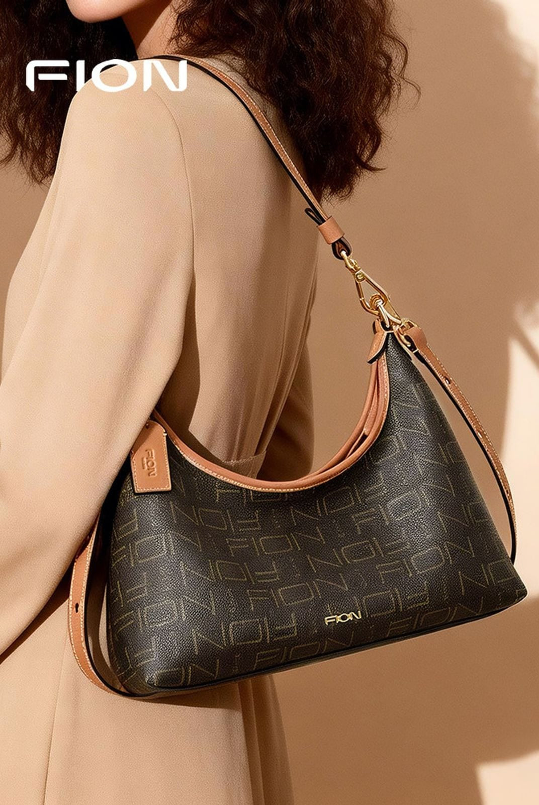 FION Monogram Crossbody Hobo Bag in Brown - On Female Model
