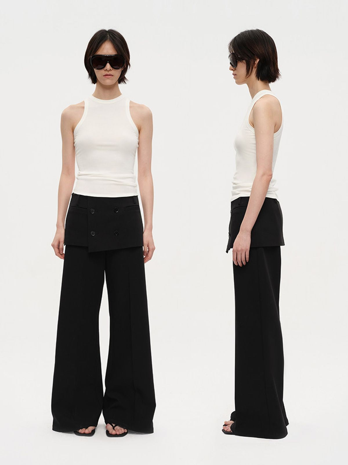 RARELY ALIKE Double Breasted Layered Trousers in Black - On Model