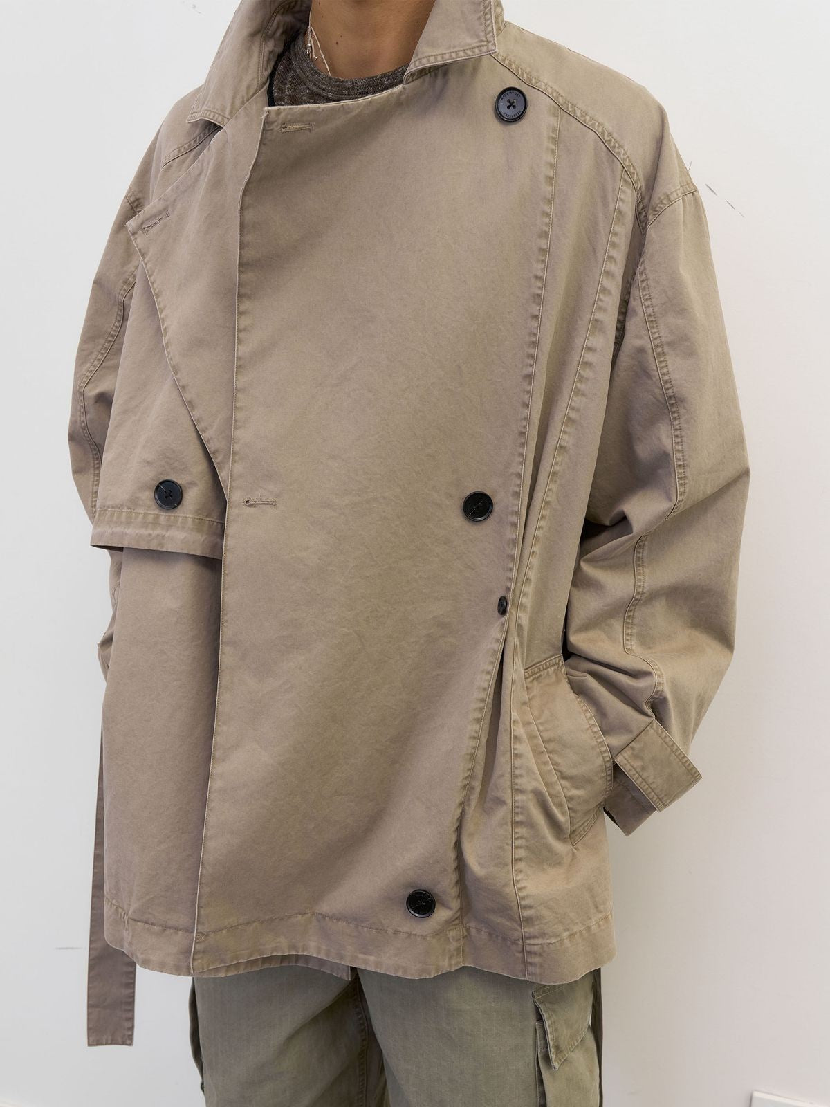 NeverSeez Washed Layered Collar Short Trench in Khaki - On Male Model