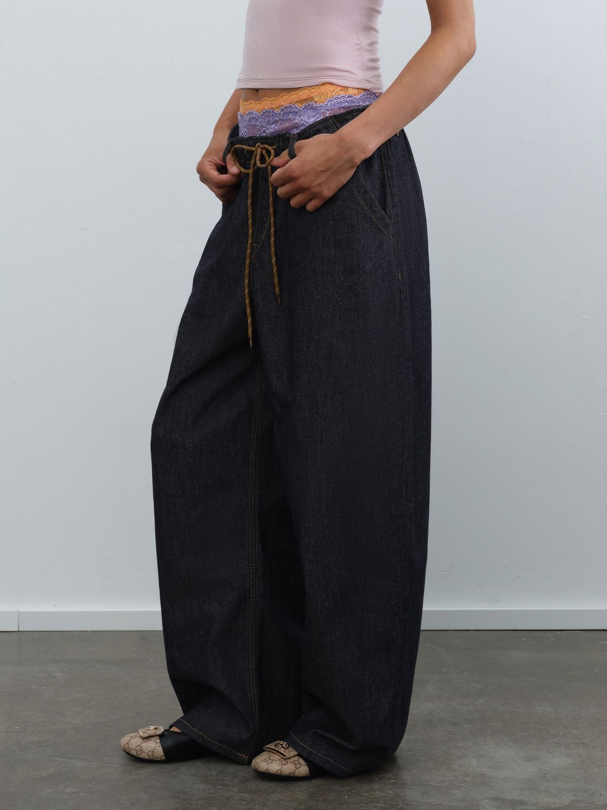 RARELY ALIKE Raw Denim Drawstring Wide Leg Pants in Denim - On Model