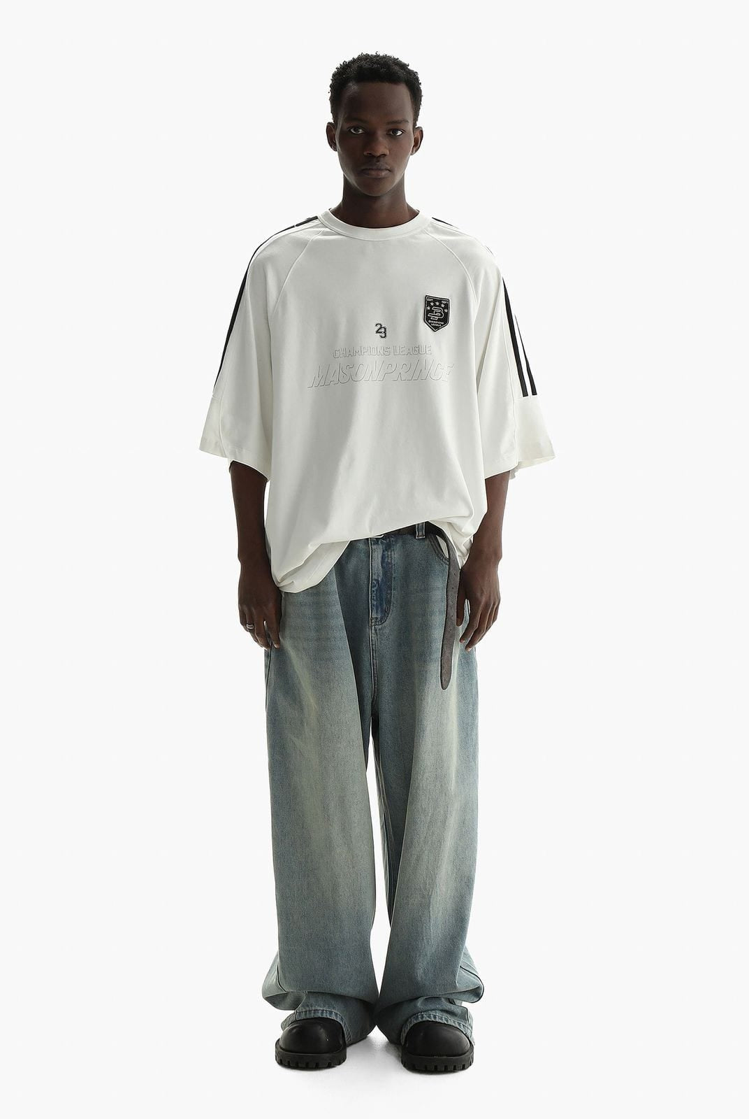 MasonPrince Oversized Raglan Football Tee in White - On Male Model