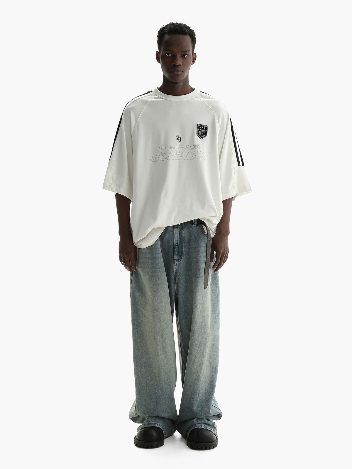 MasonPrince Oversized Raglan Football Tee in White - On Male Model