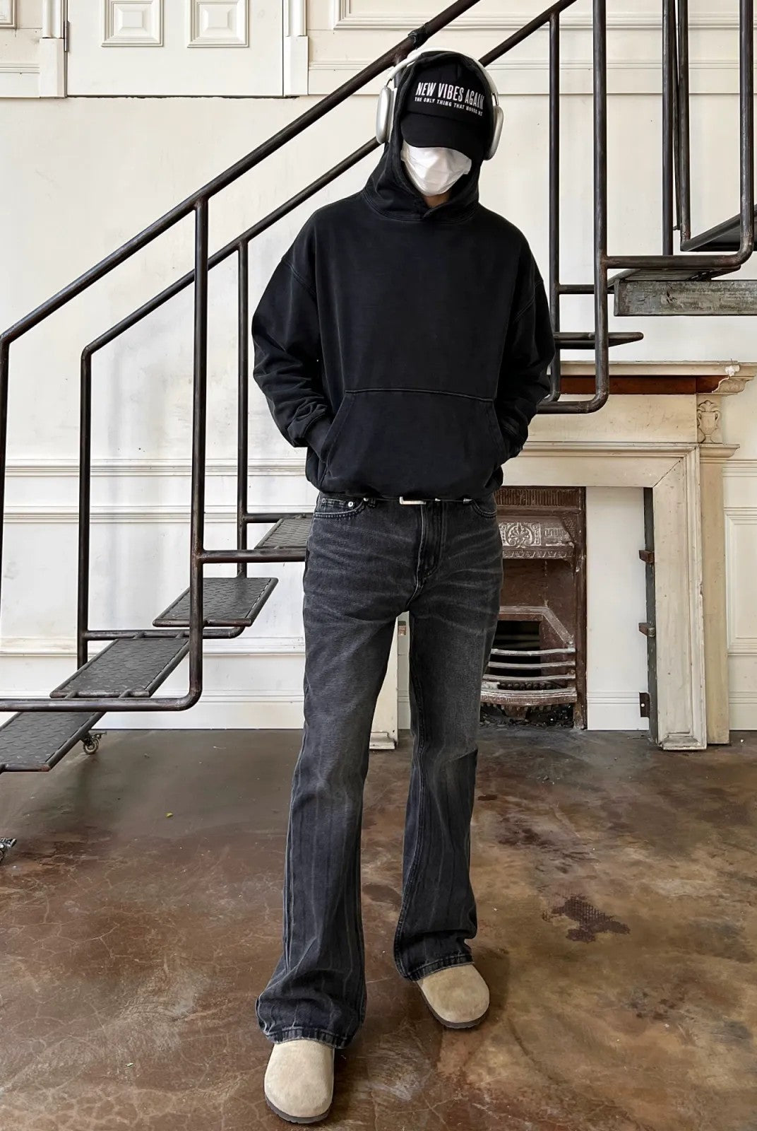 VLABMADE Washed Black Micro Flare Jeans in Black - On Model