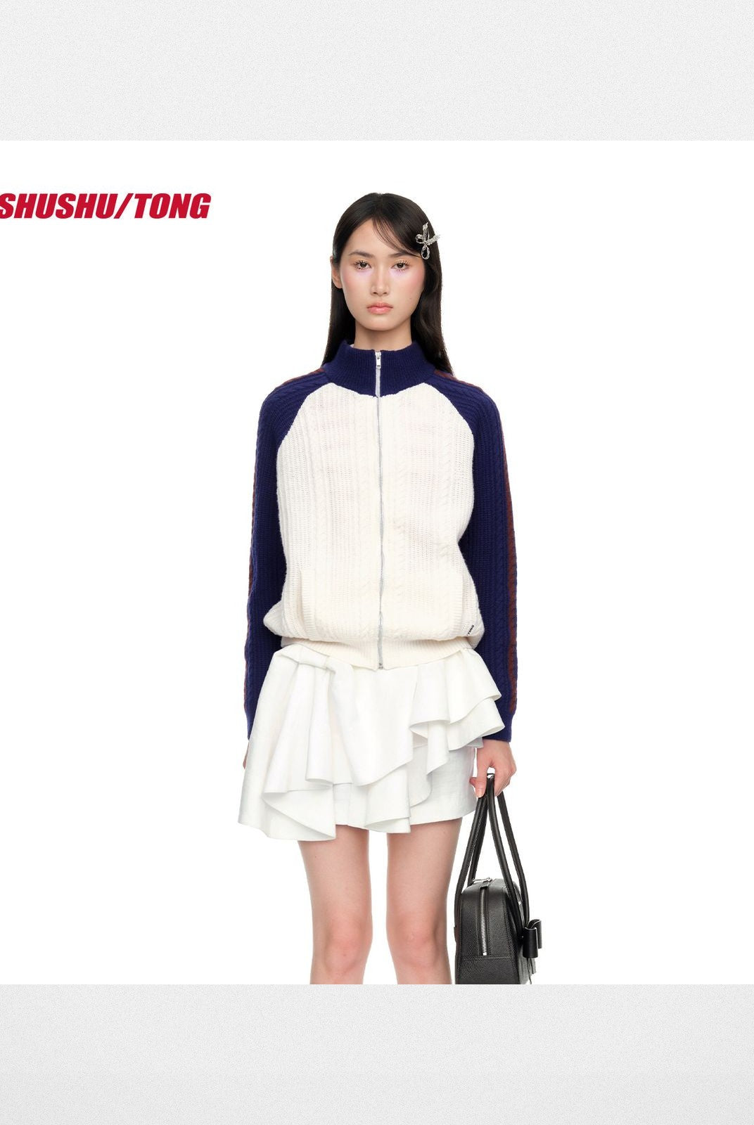 SHUSHUTONG Color Block Merino Zip Cardigan in White - On Model
