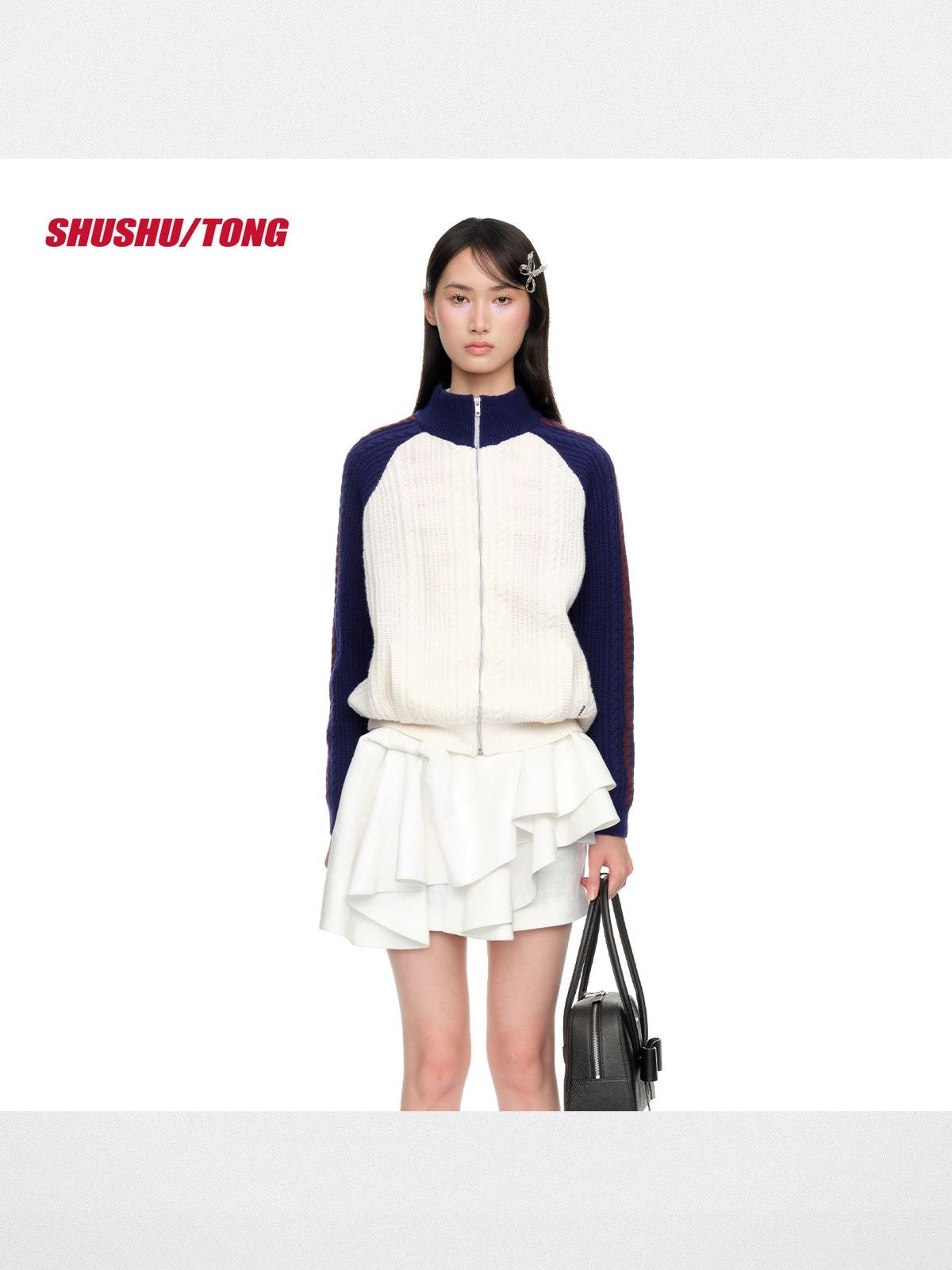 SHUSHUTONG Color Block Merino Zip Cardigan in White - On Model