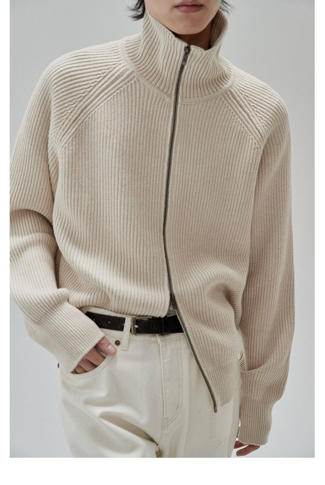 NANS Heavyweight Raglan Zip Cardigan in White - On Model