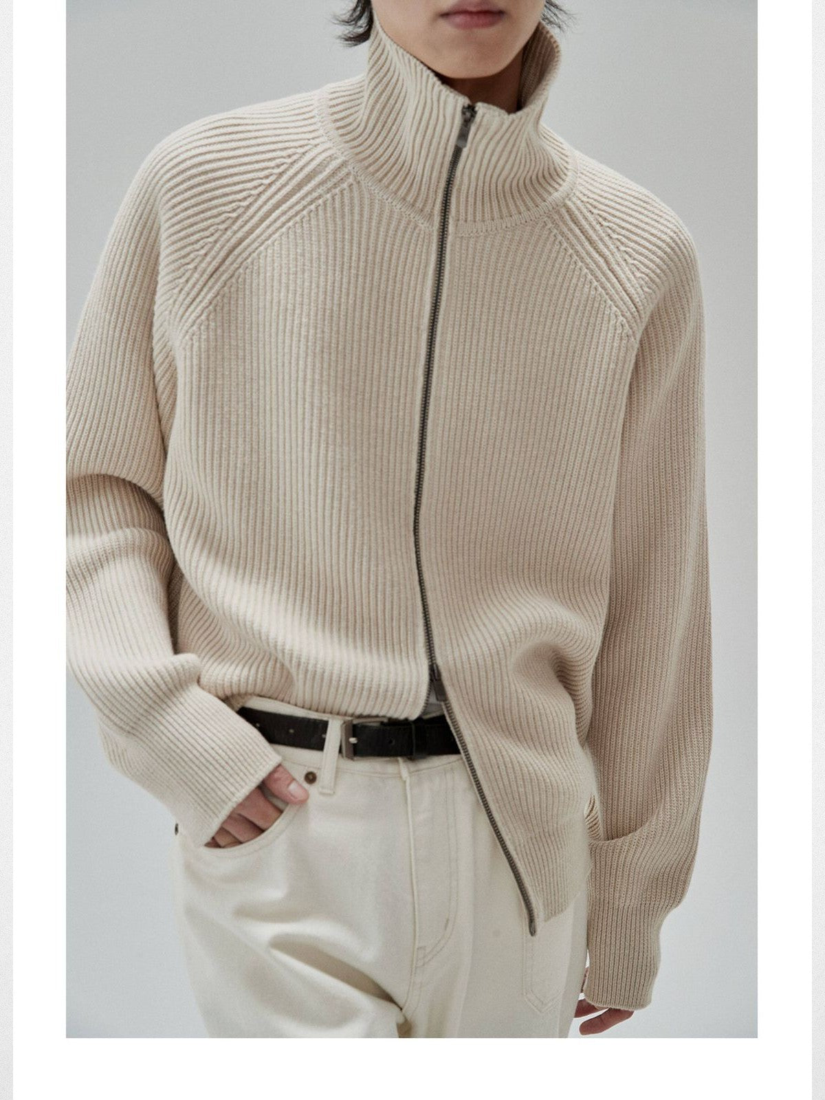 NANS Heavyweight Raglan Zip Cardigan in White - On Model