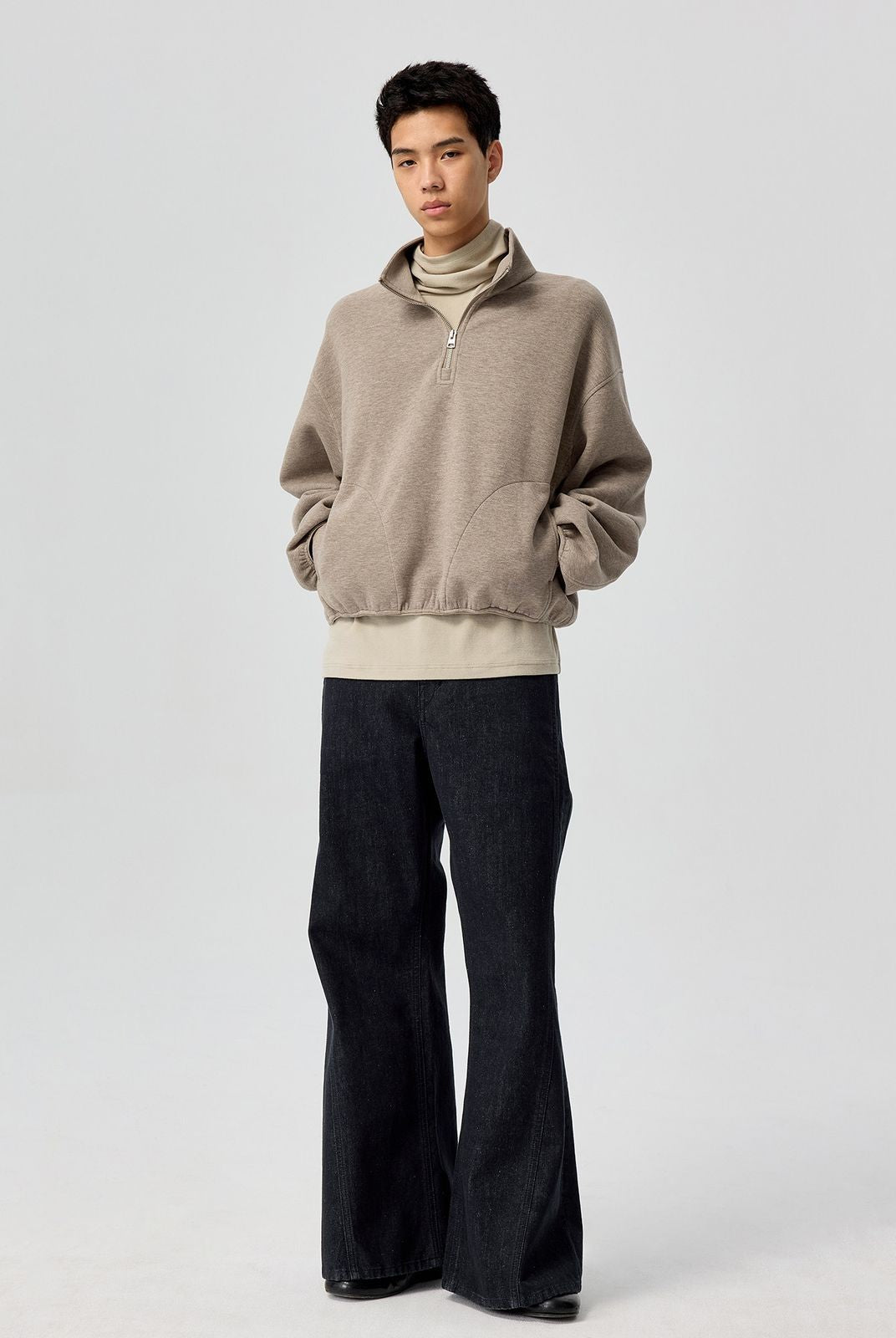 Simple Project Cloud Feel Half Zip Sweatshirt in Beige - On Model