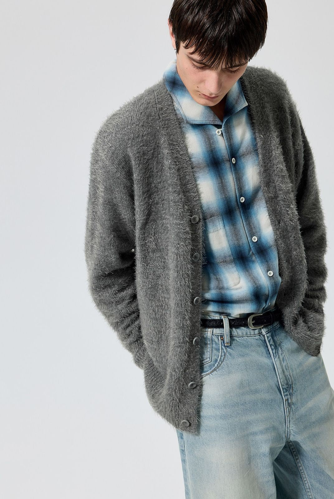 Simple Project Brushed Wool Blend Cardigan in Gray - On Model
