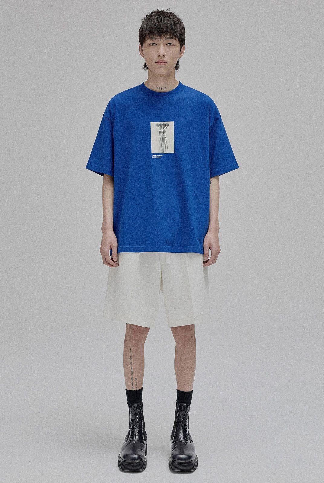 NANS Silent Growth Floral Print T Shirt in Blue - On Model